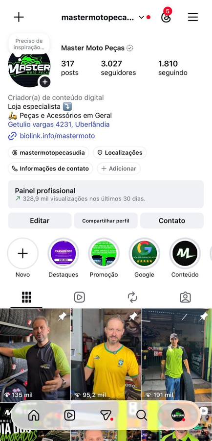 Master Moto Peças depois — 3.027 seguidores e 328,9 mil visualizações